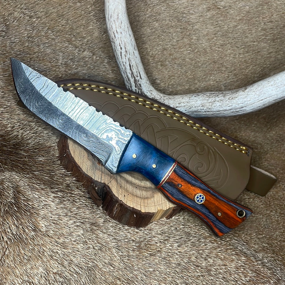 Damascus hunting knife orange/grey handle