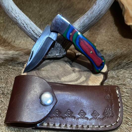 Damascus folding pocket knife rainbow grips w/holster